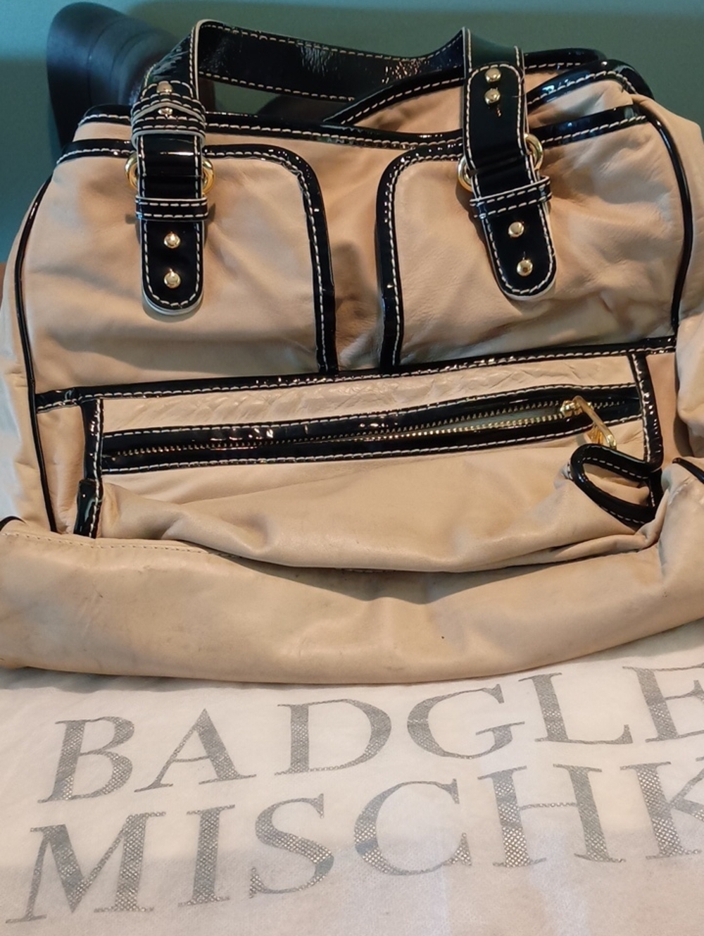Badgley Mischka Cream Tote with Black Trim